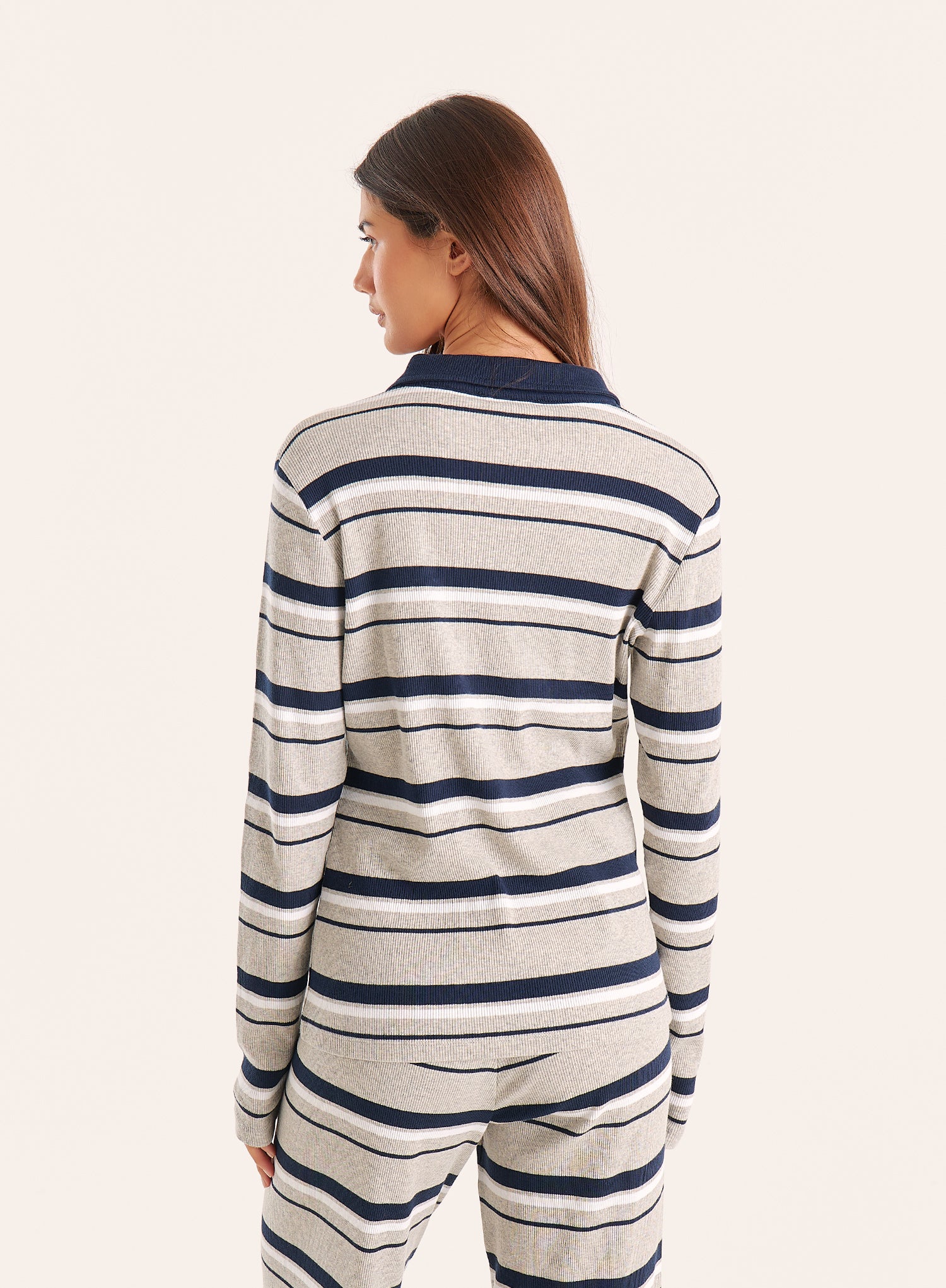 Grey And Blue Stripe Fine Ribbed Jersey Long Sleeve Top
